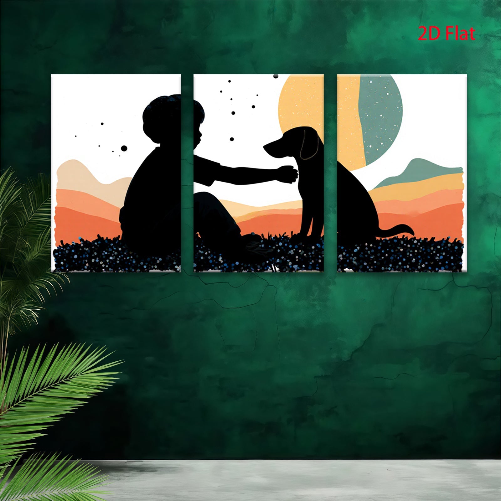 2D flat 1pc Boy with Dog Silhouette Wall Art Canvas Prints for Living Room Bedroom Home Decor Farmhouse Style Modern Minimalist Art