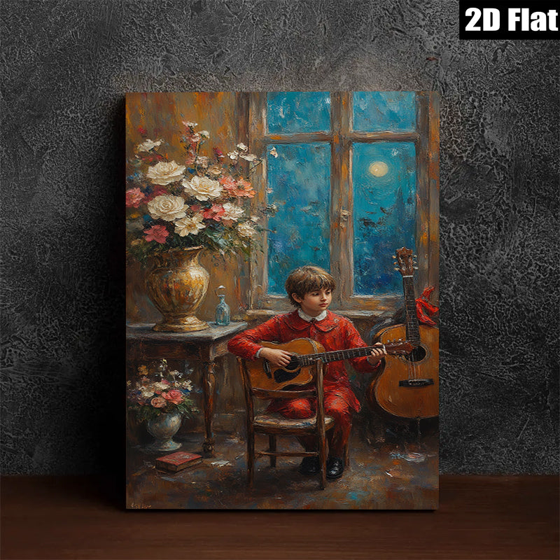 2D flat 1pc Boy with Guitar Moonlight Serenade Living Room Bedroom Wall Decor Farmhouse Style Canvas Prints Modern Artwork Cozy Home Gifts