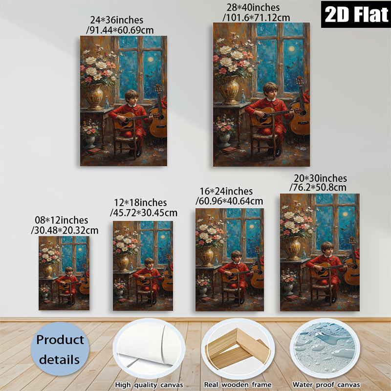 2D flat 1pc Boy with Guitar Moonlight Serenade Living Room Bedroom Wall Decor Farmhouse Style Canvas Prints Modern Artwork Cozy Home Gifts