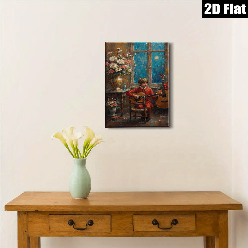 2D flat 1pc Boy with Guitar Moonlight Serenade Living Room Bedroom Wall Decor Farmhouse Style Canvas Prints Modern Artwork Cozy Home Gifts