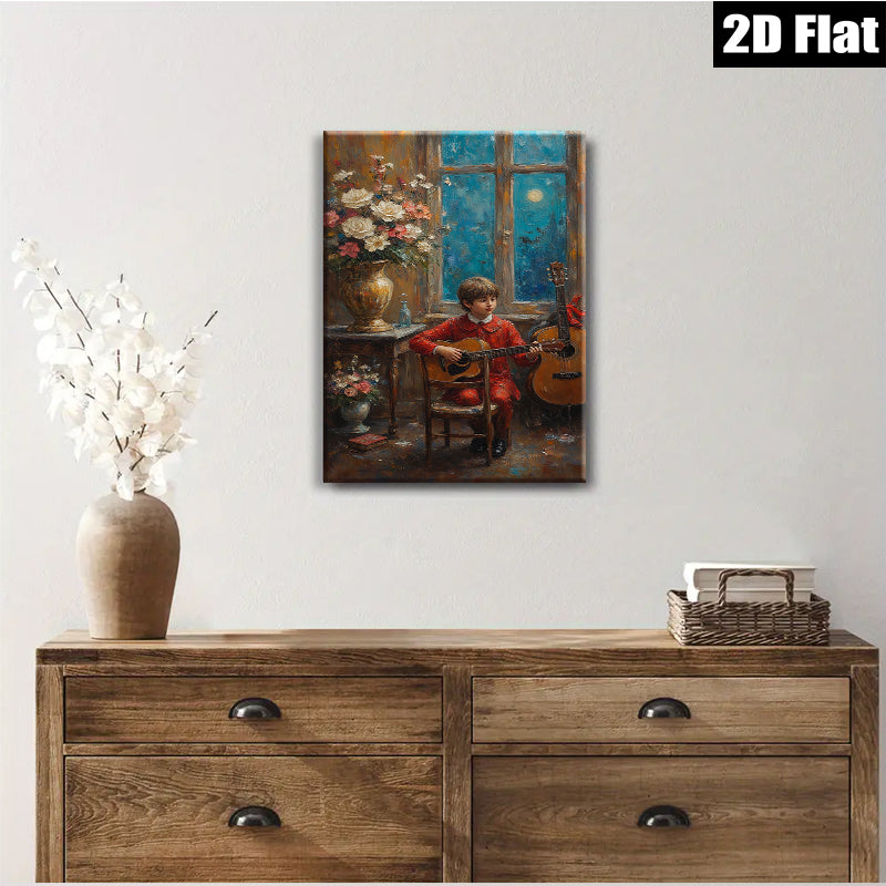 2D flat 1pc Boy with Guitar Moonlight Serenade Living Room Bedroom Wall Decor Farmhouse Style Canvas Prints Modern Artwork Cozy Home Gifts
