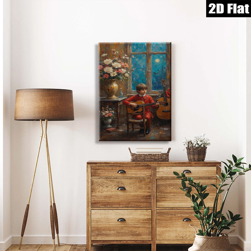 2D flat 1pc Boy with Guitar Moonlight Serenade Living Room Bedroom Wall Decor Farmhouse Style Canvas Prints Modern Artwork Cozy Home Gifts