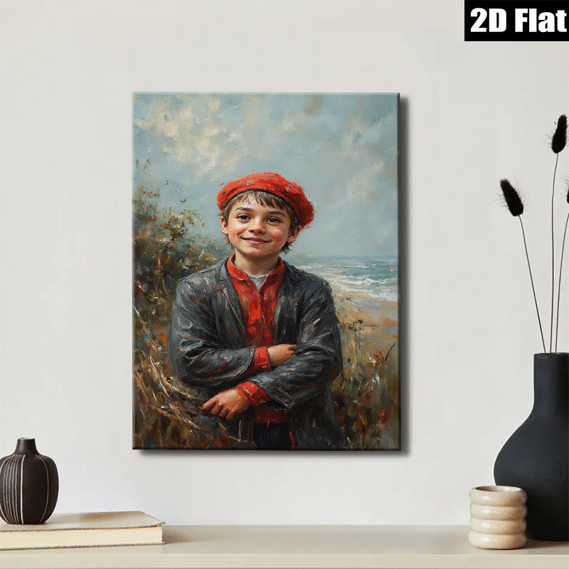2D flat 1pc Boy with Red Cap Coastal Scene Wall Art Living Room Bedroom Decor Farmhouse Style Canvas Prints for Home Gallery Wrapped Ready to Hang