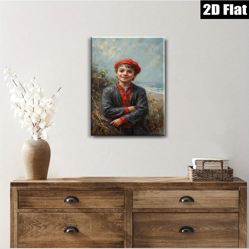 2D flat 1pc Boy with Red Cap Coastal Scene Wall Art Living Room Bedroom Decor Farmhouse Style Canvas Prints for Home Gallery Wrapped Ready to Hang