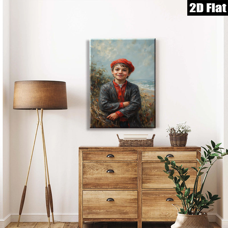 2D flat 1pc Boy with Red Cap Coastal Scene Wall Art Living Room Bedroom Decor Farmhouse Style Canvas Prints for Home Gallery Wrapped Ready to Hang
