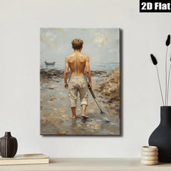 2D flat 1pc Boy with Shovel Beach Scene Coastal Wall Art Living Room Bedroom Decor Farmhouse Style Canvas Prints Modern Home Decorations