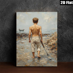 2D flat 1pc Boy with Shovel Beach Scene Coastal Wall Art Living Room Bedroom Decor Farmhouse Style Canvas Prints Modern Home Decorations