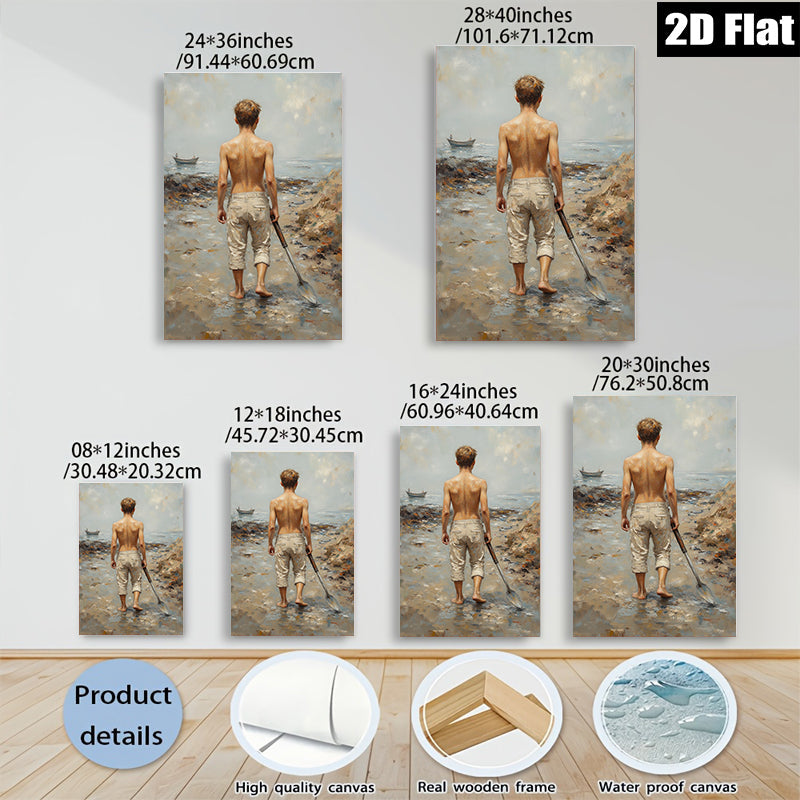 2D flat 1pc Boy with Shovel Beach Scene Coastal Wall Art Living Room Bedroom Decor Farmhouse Style Canvas Prints Modern Home Decorations