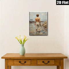 2D flat 1pc Boy with Shovel Beach Scene Coastal Wall Art Living Room Bedroom Decor Farmhouse Style Canvas Prints Modern Home Decorations