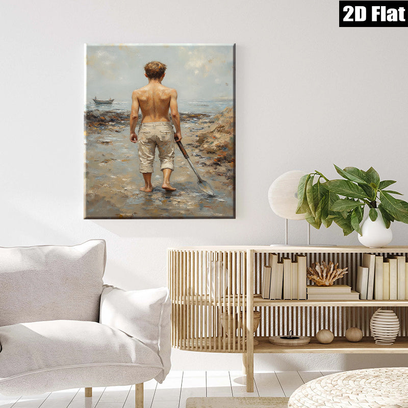 2D flat 1pc Boy with Shovel Beach Scene Coastal Wall Art Living Room Bedroom Decor Farmhouse Style Canvas Prints Modern Home Decorations