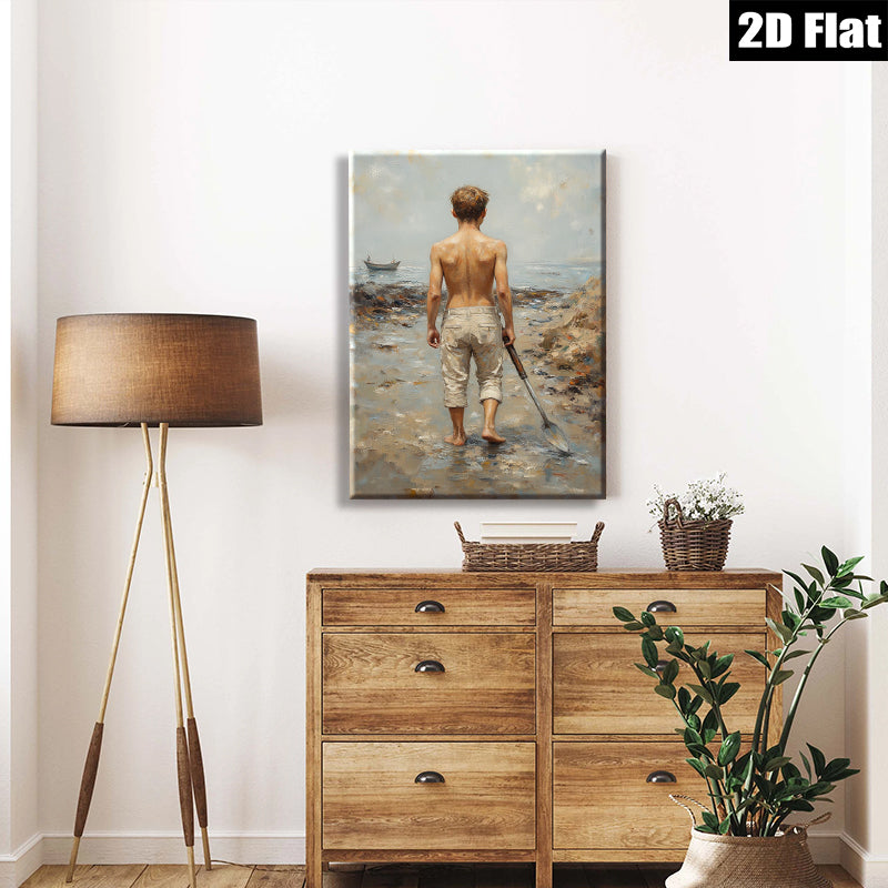 2D flat 1pc Boy with Shovel Beach Scene Coastal Wall Art Living Room Bedroom Decor Farmhouse Style Canvas Prints Modern Home Decorations