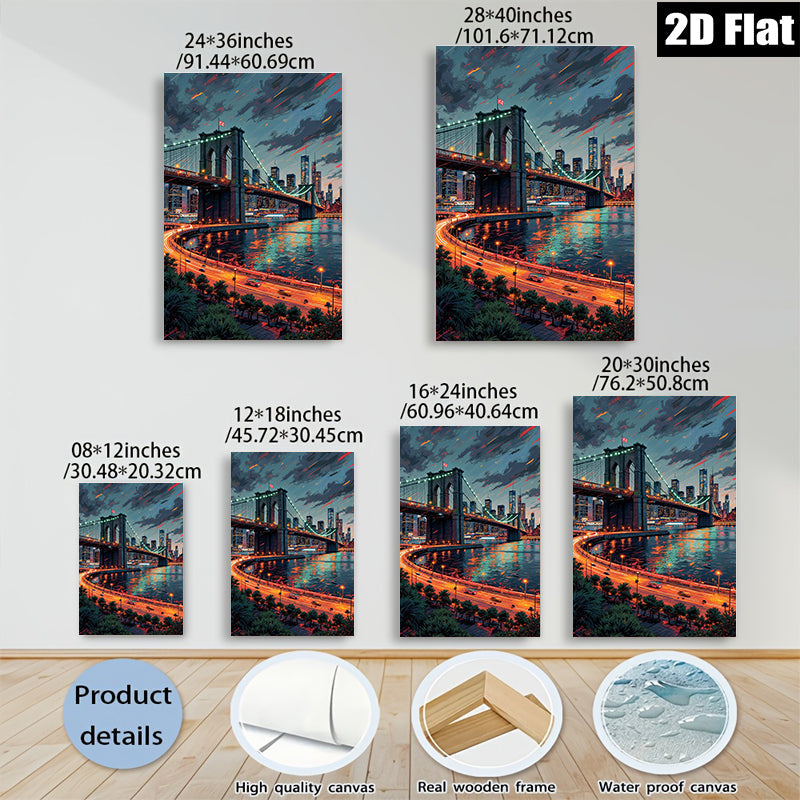 2D flat 1pc Brooklyn Bridge Night Skyline Cityscape Wall Art Modern Home Decor Living Room Bedroom Canvas Prints Farmhouse Style Coastal Aesthetic Trending Now