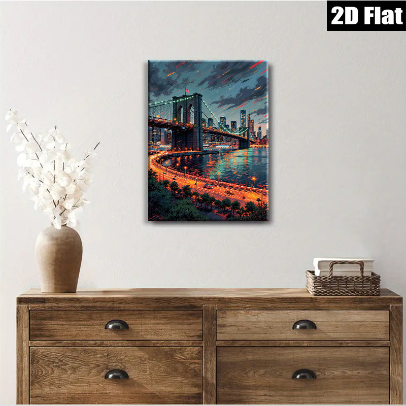 2D flat 1pc Brooklyn Bridge Night Skyline Cityscape Wall Art Modern Home Decor Living Room Bedroom Canvas Prints Farmhouse Style Coastal Aesthetic Trending Now