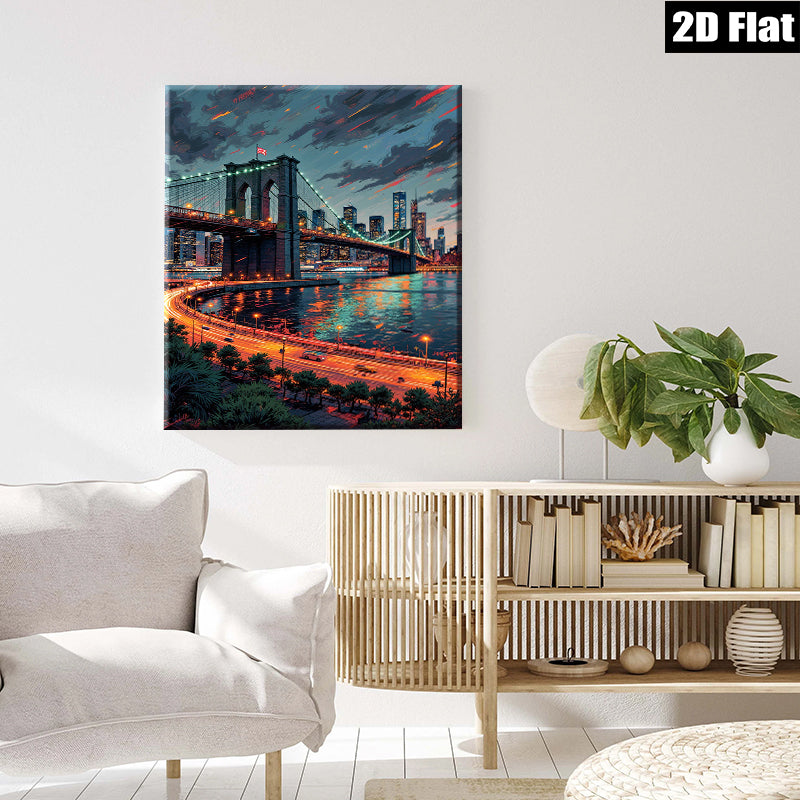 2D flat 1pc Brooklyn Bridge Night Skyline Cityscape Wall Art Modern Home Decor Living Room Bedroom Canvas Prints Farmhouse Style Coastal Aesthetic Trending Now