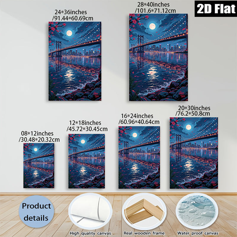 2D flat 1pc Brooklyn Bridge city skyline night view wall art canvas prints for living room bedroom office decor modern farmhouse style