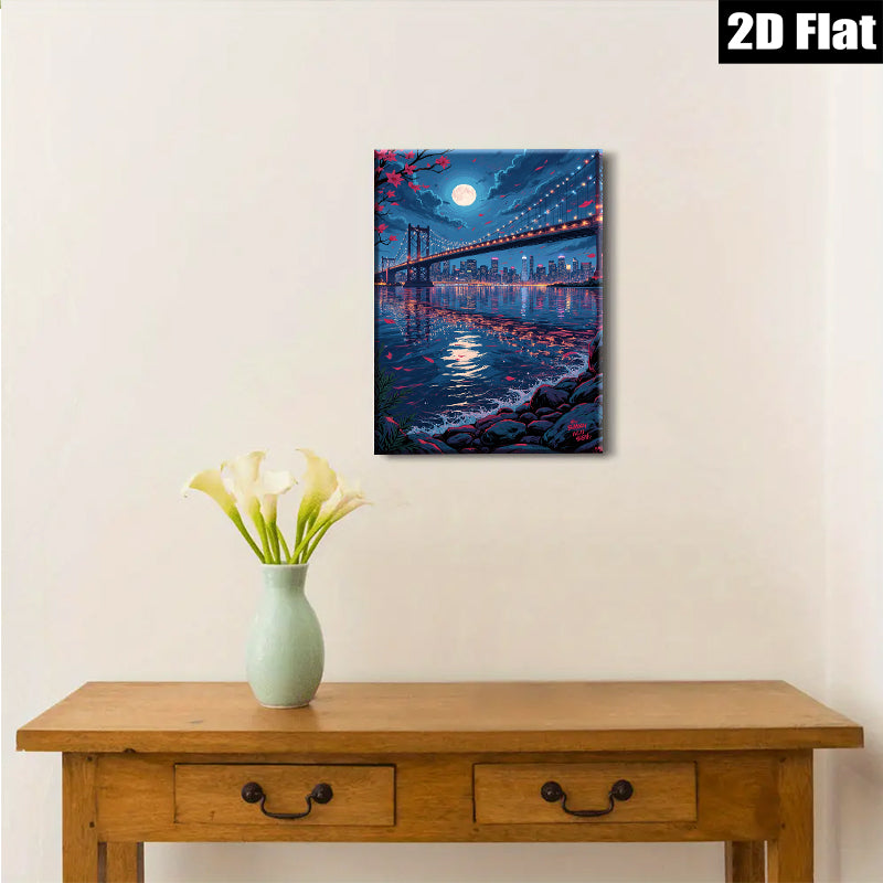 2D flat 1pc Brooklyn Bridge city skyline night view wall art canvas prints for living room bedroom office decor modern farmhouse style