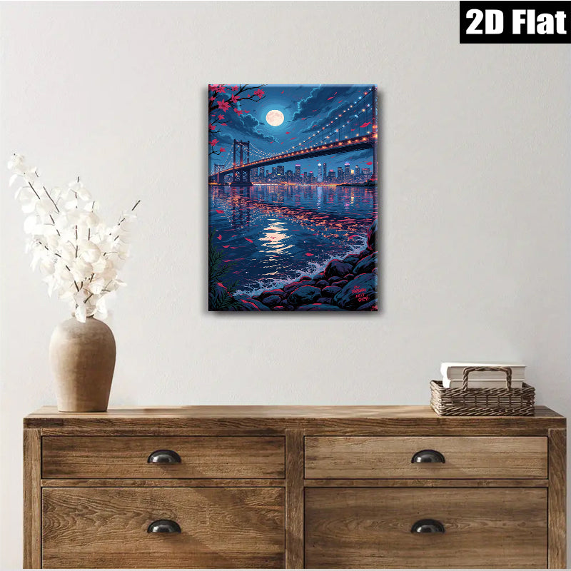 2D flat 1pc Brooklyn Bridge city skyline night view wall art canvas prints for living room bedroom office decor modern farmhouse style