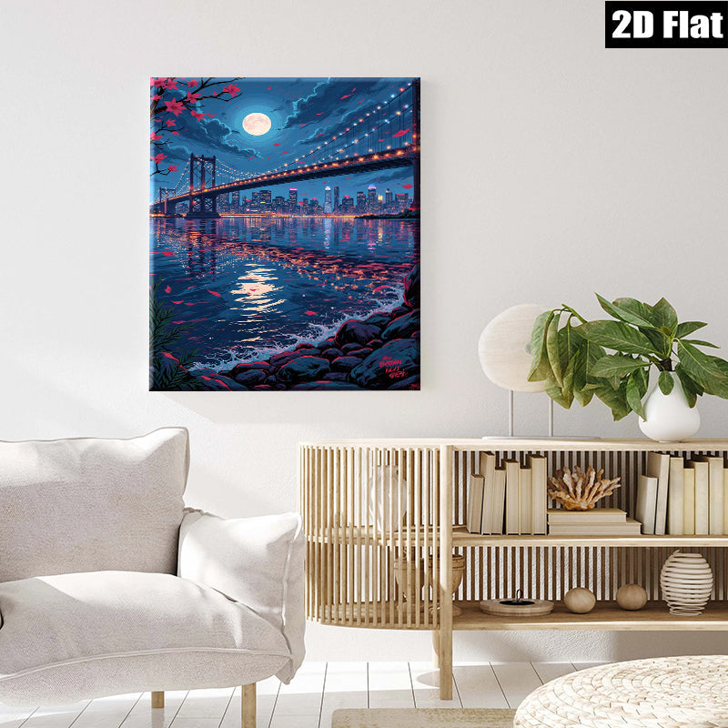 2D flat 1pc Brooklyn Bridge city skyline night view wall art canvas prints for living room bedroom office decor modern farmhouse style