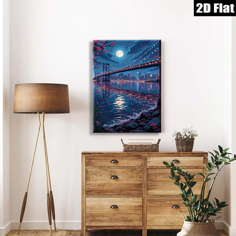 2D flat 1pc Brooklyn Bridge city skyline night view wall art canvas prints for living room bedroom office decor modern farmhouse style
