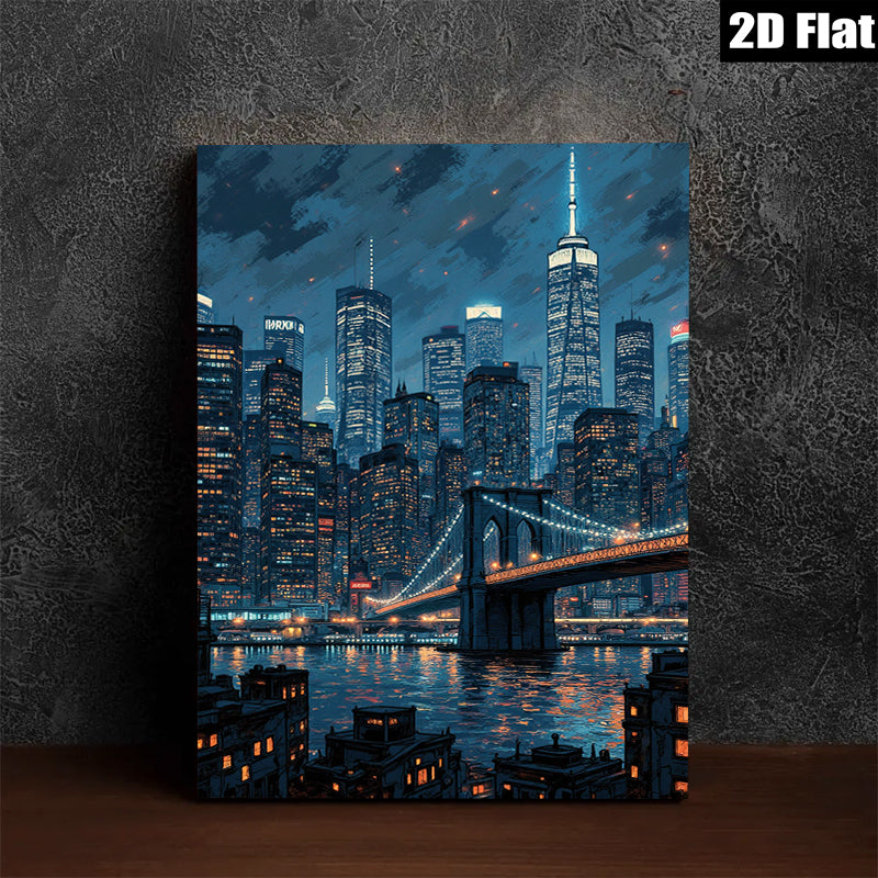 2D flat 1pc Brooklyn Bridge cityscape nighttime New York wall art decor living room bedroom modern farmhouse gallery wrapped canvas prints for home