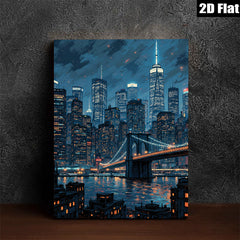 2D flat 1pc Brooklyn Bridge cityscape nighttime New York wall art decor living room bedroom modern farmhouse gallery wrapped canvas prints for home