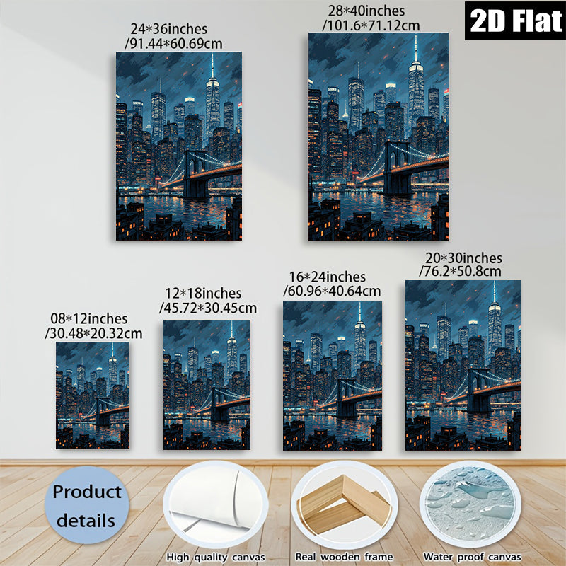 2D flat 1pc Brooklyn Bridge cityscape nighttime New York wall art decor living room bedroom modern farmhouse gallery wrapped canvas prints for home