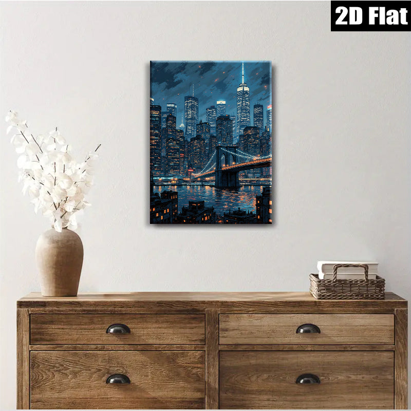 2D flat 1pc Brooklyn Bridge cityscape nighttime New York wall art decor living room bedroom modern farmhouse gallery wrapped canvas prints for home