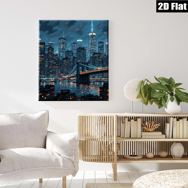 2D flat 1pc Brooklyn Bridge cityscape nighttime New York wall art decor living room bedroom modern farmhouse gallery wrapped canvas prints for home