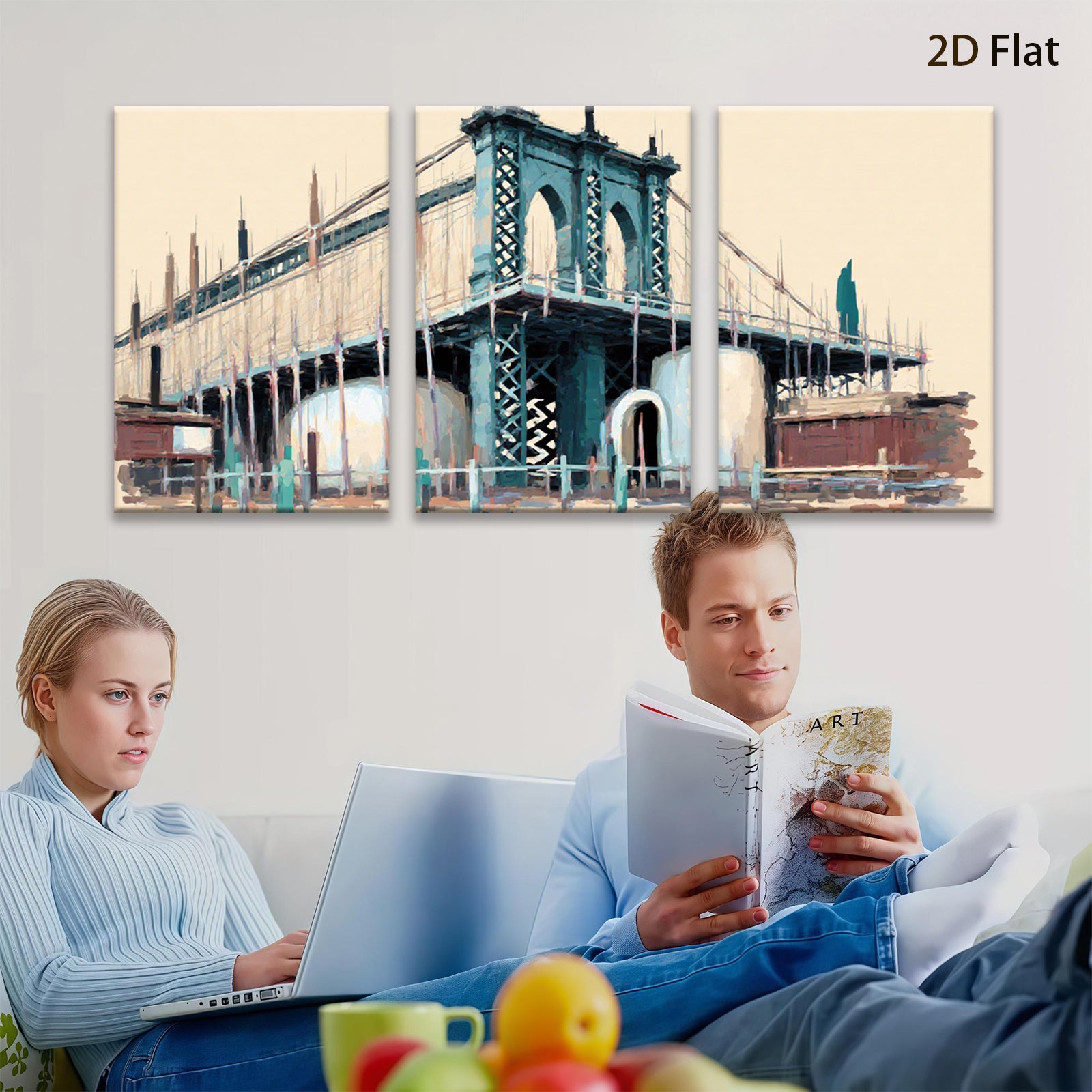 2D flat 1pc Brooklyn Bridge cityscape wall art modern farmhouse living room bedroom decor gallery wrapped canvas prints inspirational home accents