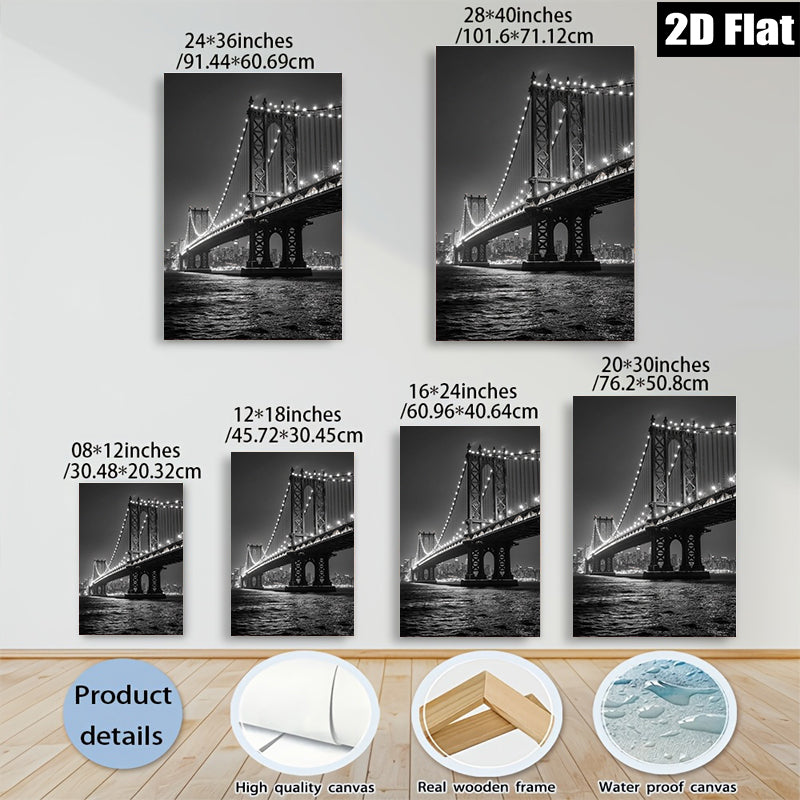 2D flat 1pc Brooklyn Bridge night skyline city view wall decor for living room bedroom office modern farmhouse style canvas prints large size cozy vibe