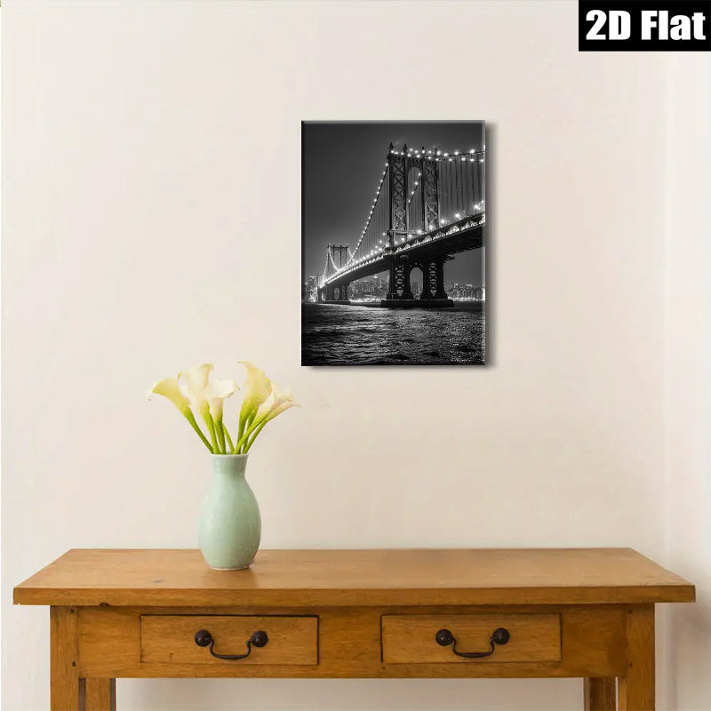 2D flat 1pc Brooklyn Bridge night skyline city view wall decor for living room bedroom office modern farmhouse style canvas prints large size cozy vibe