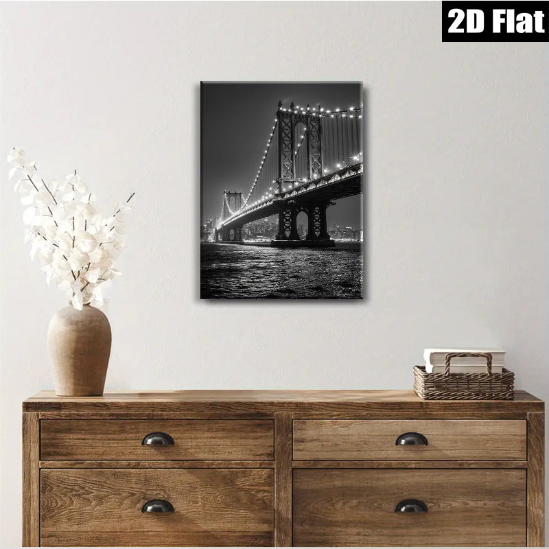 2D flat 1pc Brooklyn Bridge night skyline city view wall decor for living room bedroom office modern farmhouse style canvas prints large size cozy vibe