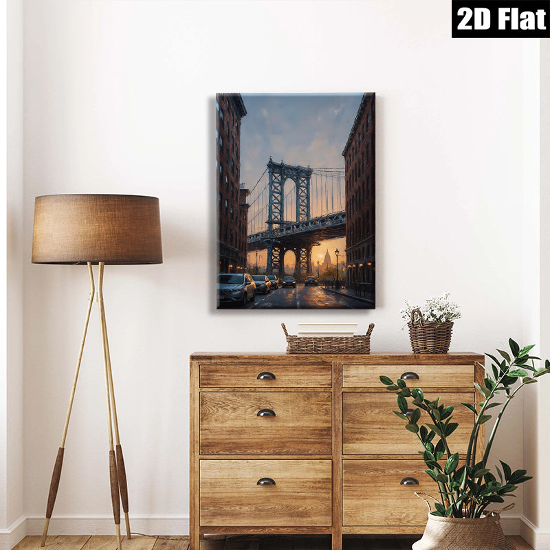 2D flat 1pc Brooklyn Bridge street scene New York City skyline wall art home decor living room bedroom modern farmhouse gallery wrapped canvas prints