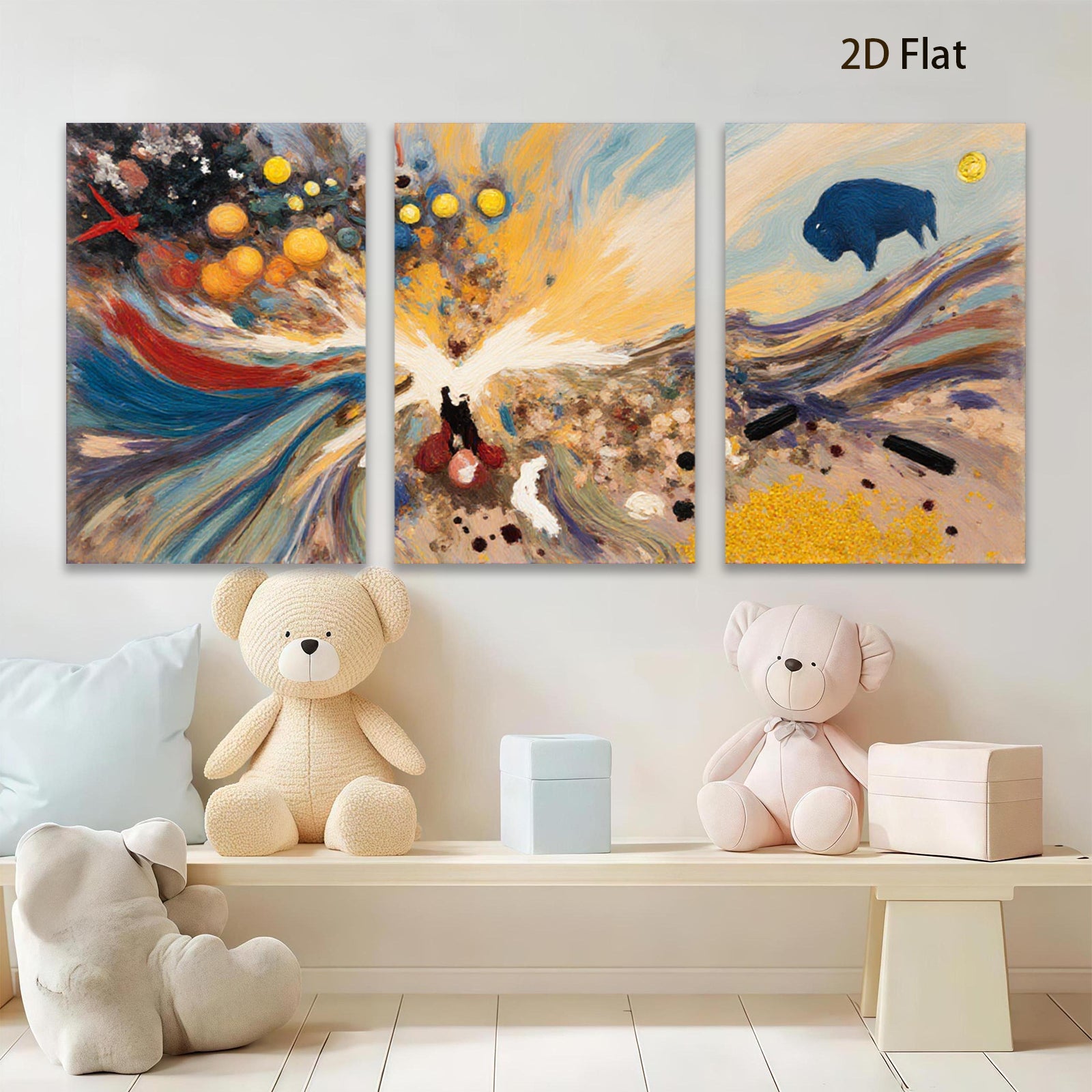 2D flat 1pc Buffalo Spirit Dance Across Golden Plains Abstract Canvas Wall Art For Living Room Bedroom Modern Farmhouse Decor