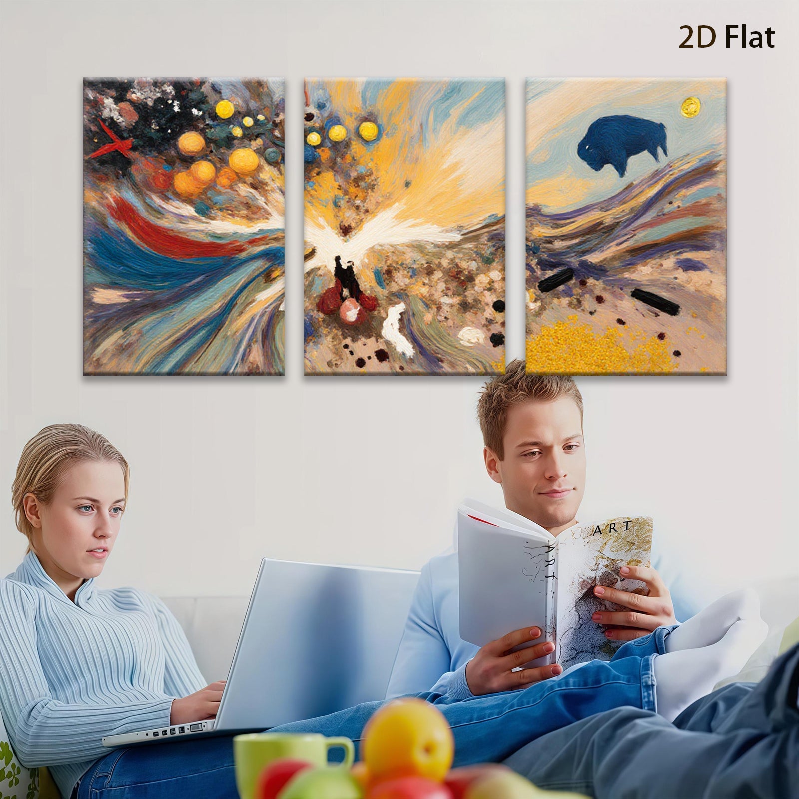 2D flat 1pc Buffalo Spirit Dance Across Golden Plains Abstract Canvas Wall Art For Living Room Bedroom Modern Farmhouse Decor
