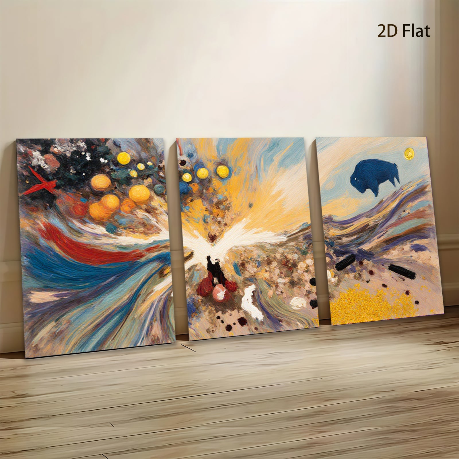 2D flat 1pc Buffalo Spirit Dance Across Golden Plains Abstract Canvas Wall Art For Living Room Bedroom Modern Farmhouse Decor