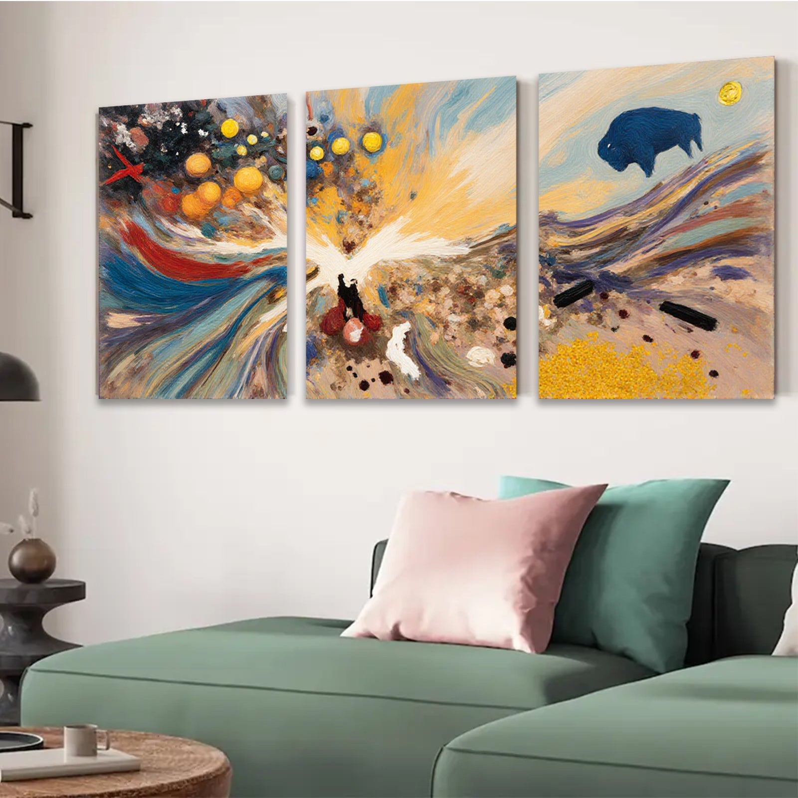2D flat 1pc Buffalo Spirit Dance Across Golden Plains Abstract Canvas Wall Art For Living Room Bedroom Modern Farmhouse Decor