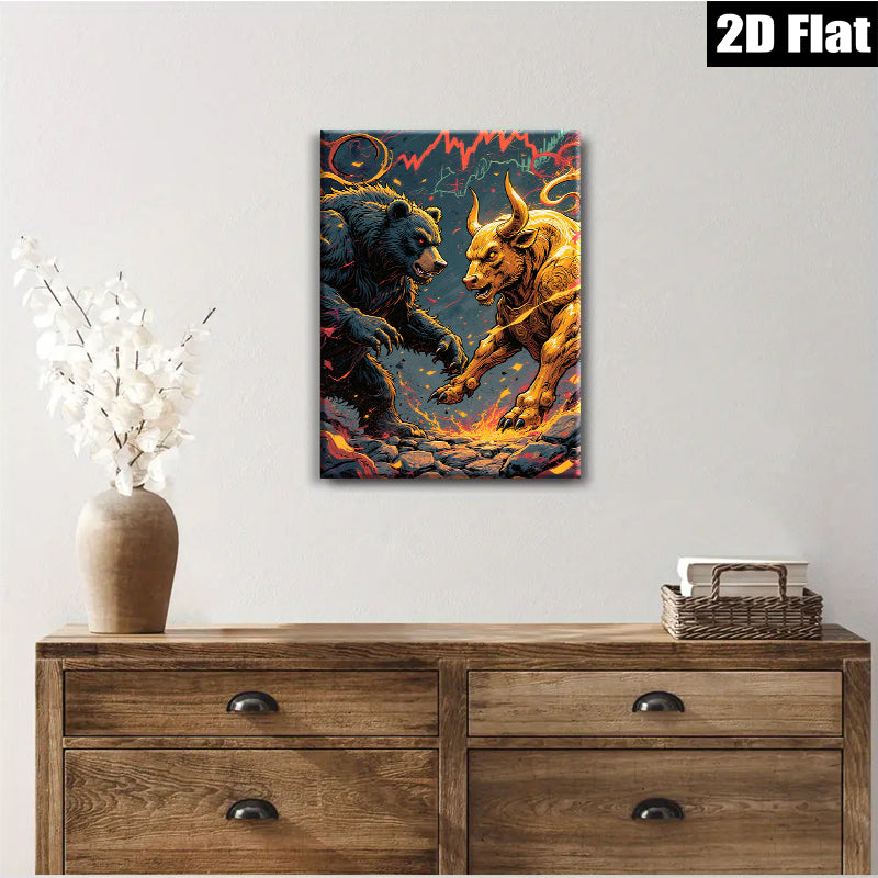 2D flat 1pc Bull versus Bear Wall Art Canvas Prints for Living Room Bedroom Office Decor Modern Farmhouse Rustic Gallery Wrapped Tealightful Stylish Maximalist