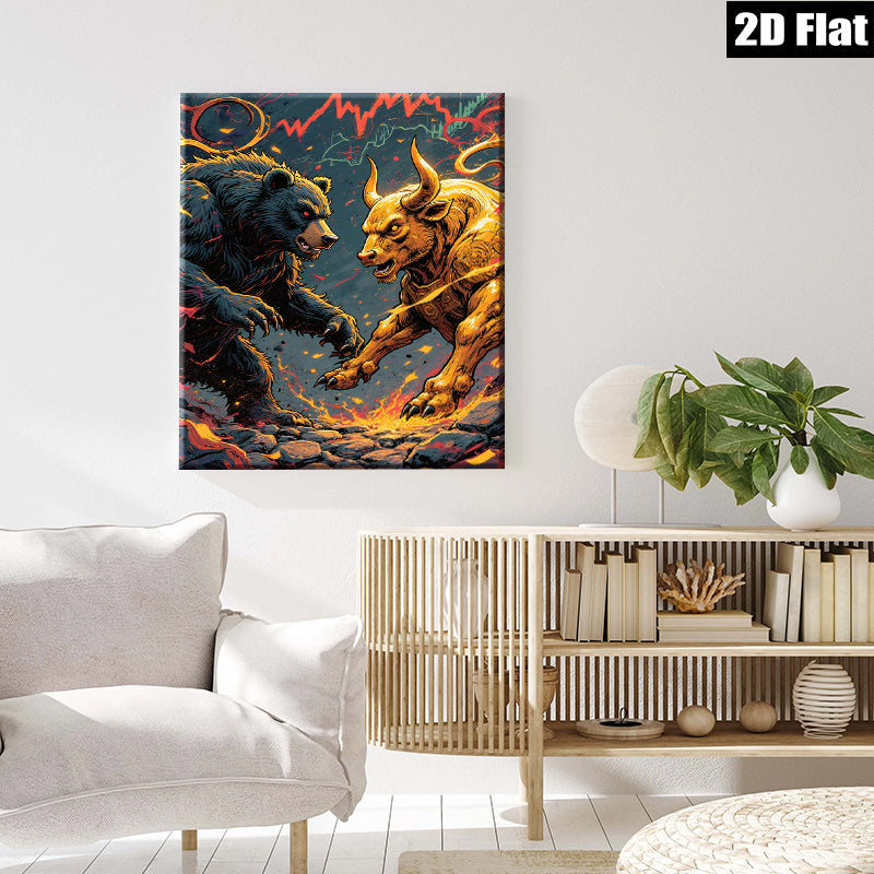 2D flat 1pc Bull versus Bear Wall Art Canvas Prints for Living Room Bedroom Office Decor Modern Farmhouse Rustic Gallery Wrapped Tealightful Stylish Maximalist