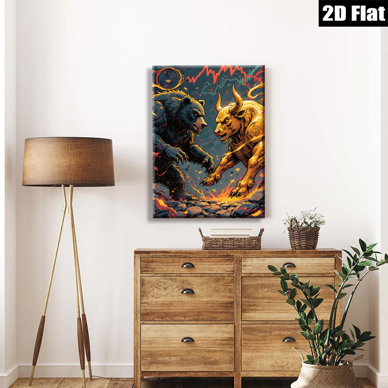 2D flat 1pc Bull versus Bear Wall Art Canvas Prints for Living Room Bedroom Office Decor Modern Farmhouse Rustic Gallery Wrapped Tealightful Stylish Maximalist
