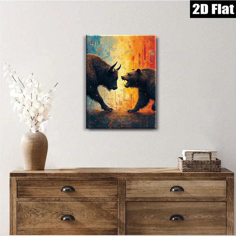 2D flat 1pc Bull versus Bear Wall Art Canvas Prints for Living Room Bedroom Office Decor Modern Farmhouse Style Inspirational Artwork Gallery Wrapped Ready to Hang
