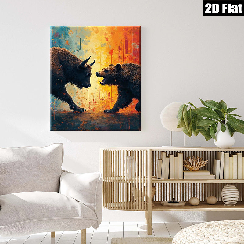 2D flat 1pc Bull versus Bear Wall Art Canvas Prints for Living Room Bedroom Office Decor Modern Farmhouse Style Inspirational Artwork Gallery Wrapped Ready to Hang
