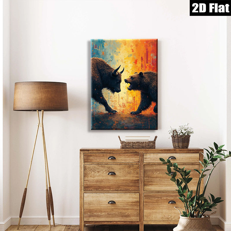 2D flat 1pc Bull versus Bear Wall Art Canvas Prints for Living Room Bedroom Office Decor Modern Farmhouse Style Inspirational Artwork Gallery Wrapped Ready to Hang