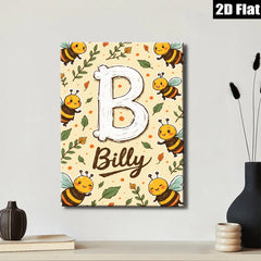 2D flat 1pc Bumblebee Name Initial Wall Art Decor Kids Room Nursery Playroom Modern Farmhouse Style Gallery Wrapped Canvas Prints Ready Hang Vibrant Colors