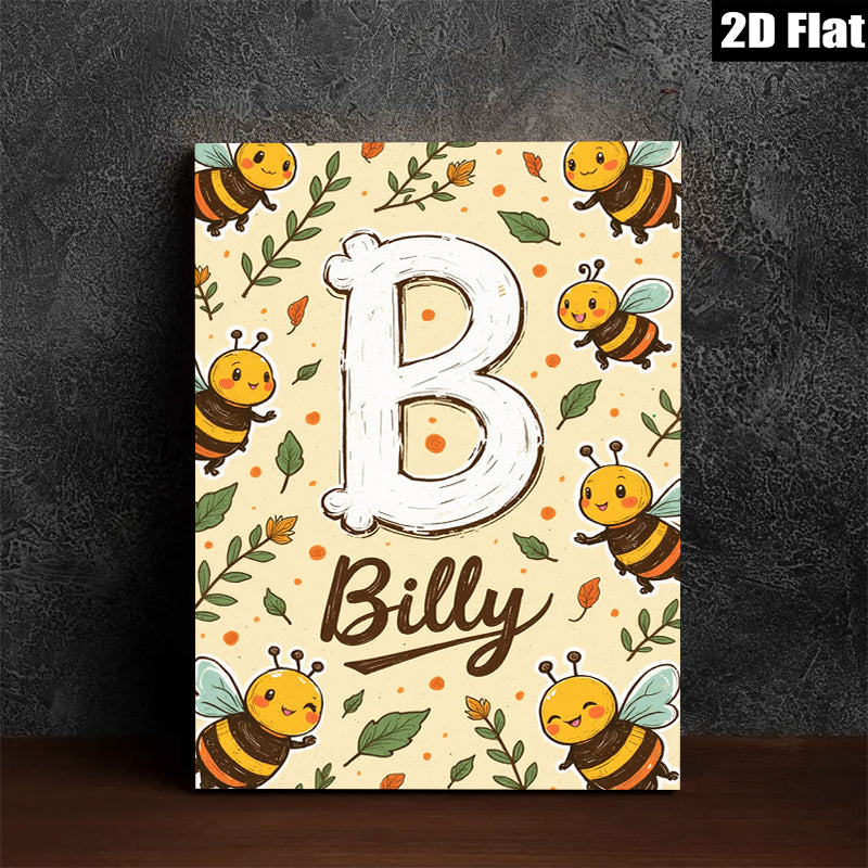 2D flat 1pc Bumblebee Name Initial Wall Art Decor Kids Room Nursery Playroom Modern Farmhouse Style Gallery Wrapped Canvas Prints Ready Hang Vibrant Colors