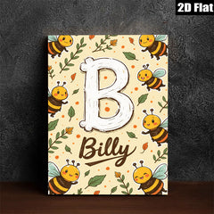 2D flat 1pc Bumblebee Name Initial Wall Art Decor Kids Room Nursery Playroom Modern Farmhouse Style Gallery Wrapped Canvas Prints Ready Hang Vibrant Colors