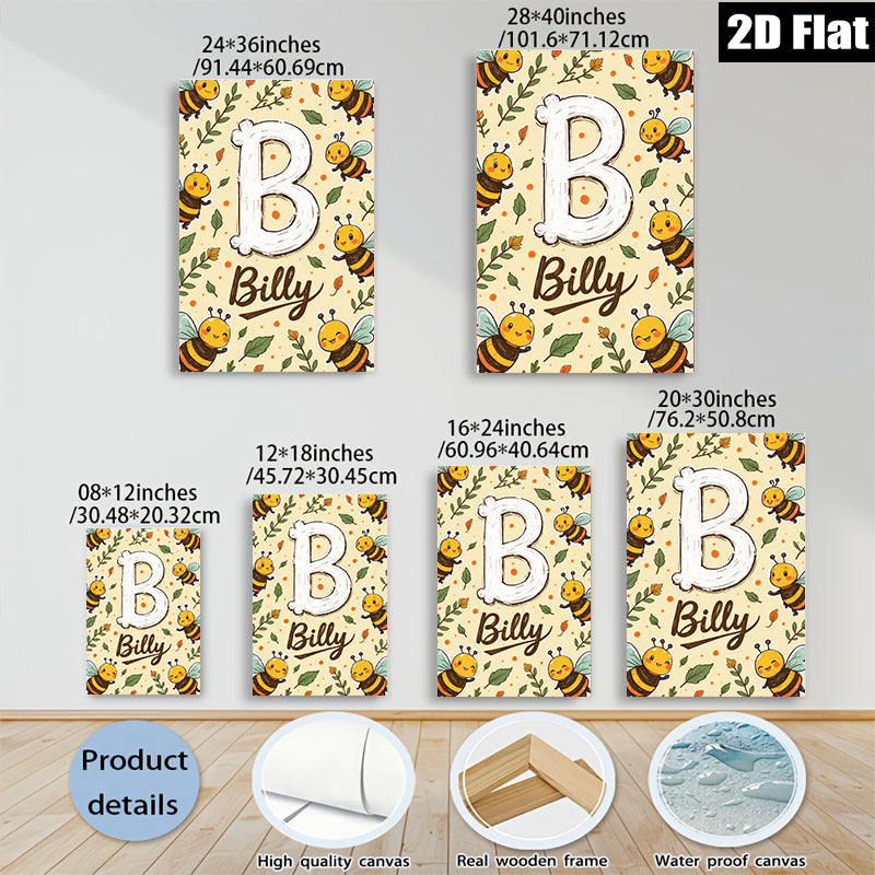 2D flat 1pc Bumblebee Name Initial Wall Art Decor Kids Room Nursery Playroom Modern Farmhouse Style Gallery Wrapped Canvas Prints Ready Hang Vibrant Colors