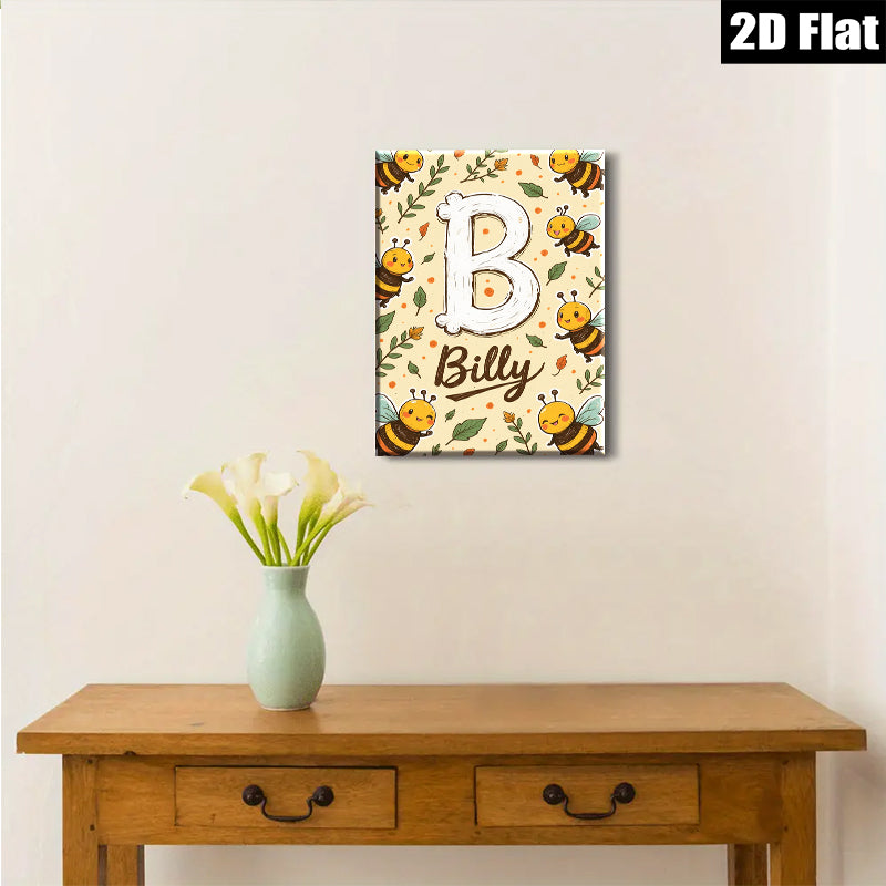 2D flat 1pc Bumblebee Name Initial Wall Art Decor Kids Room Nursery Playroom Modern Farmhouse Style Gallery Wrapped Canvas Prints Ready Hang Vibrant Colors