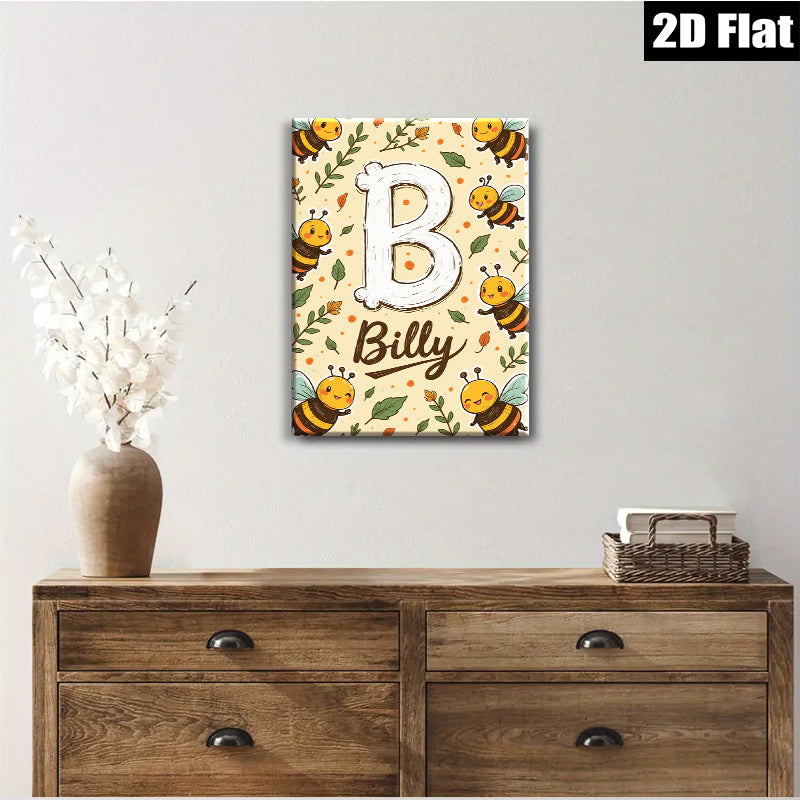 2D flat 1pc Bumblebee Name Initial Wall Art Decor Kids Room Nursery Playroom Modern Farmhouse Style Gallery Wrapped Canvas Prints Ready Hang Vibrant Colors