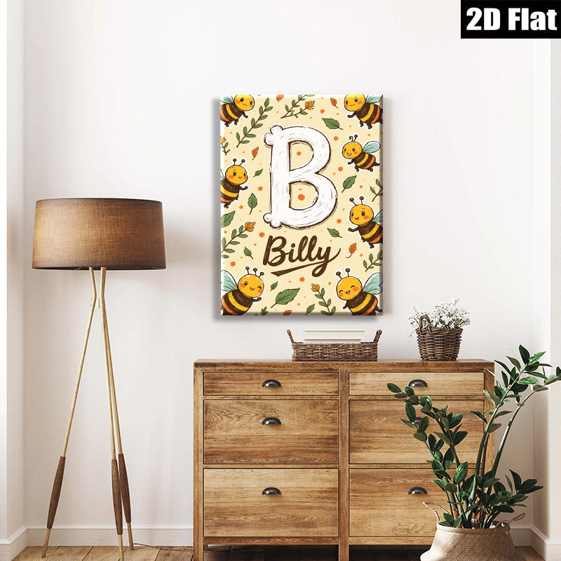 2D flat 1pc Bumblebee Name Initial Wall Art Decor Kids Room Nursery Playroom Modern Farmhouse Style Gallery Wrapped Canvas Prints Ready Hang Vibrant Colors